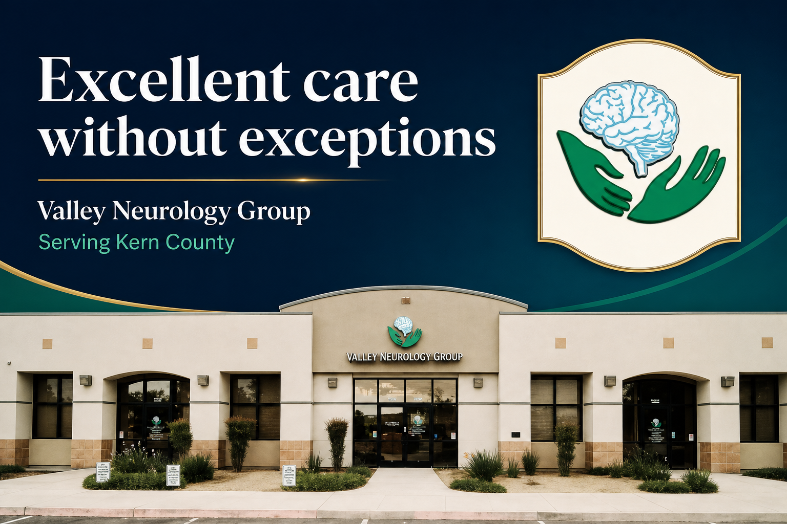 Excellent care without exceptions &mdash; Valley Neurology Group, serving Kern County. Branded office illustration with the VNG logo.