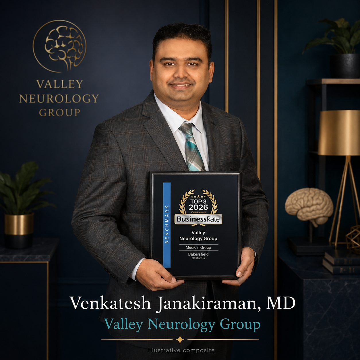 Illustrative portrait of Dr. Venkatesh Janakiraman holding Valley Neurology Group&rsquo;s 2026 BusinessRate practice award