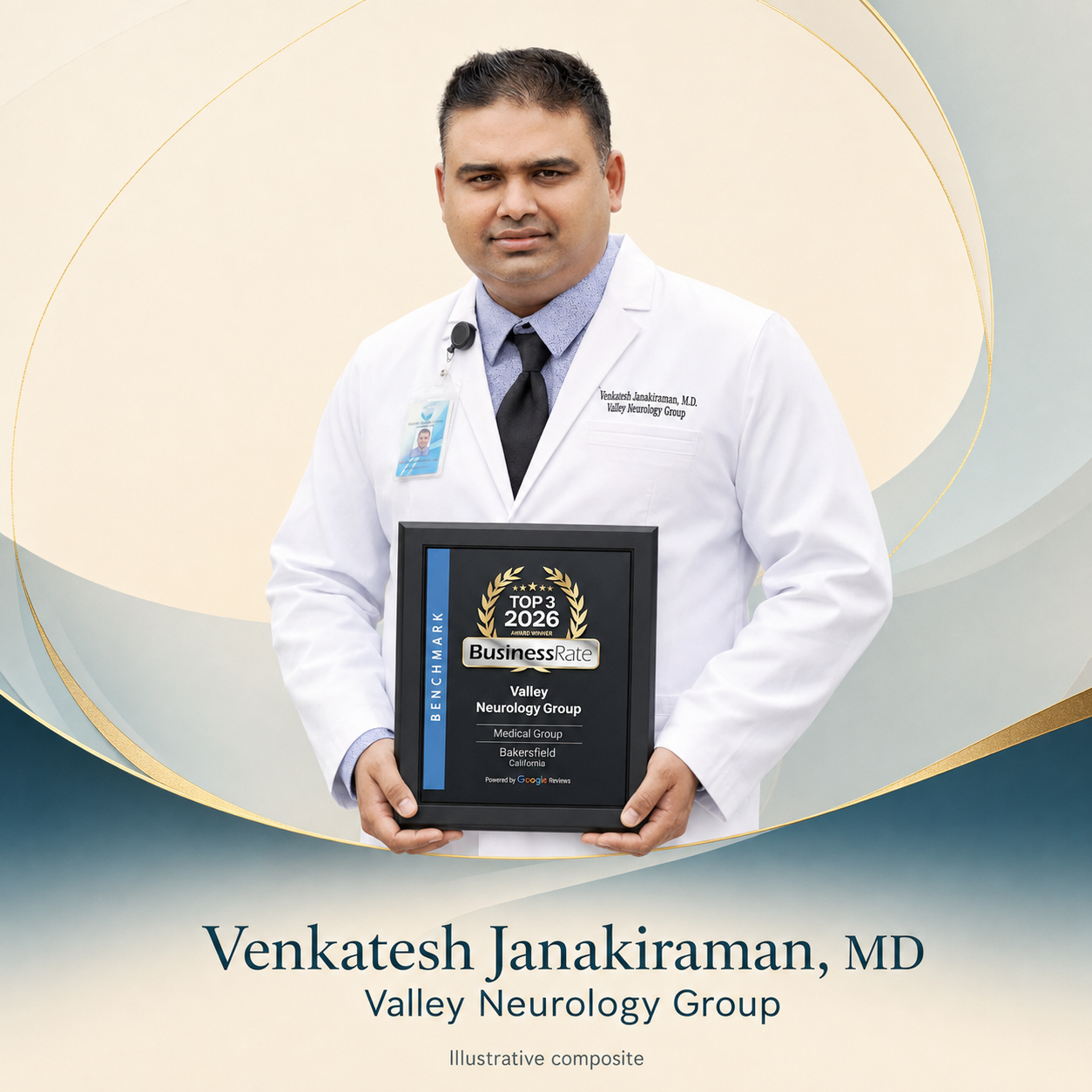 Illustrative portrait of Dr. Venkatesh Janakiraman holding the practice recognition award