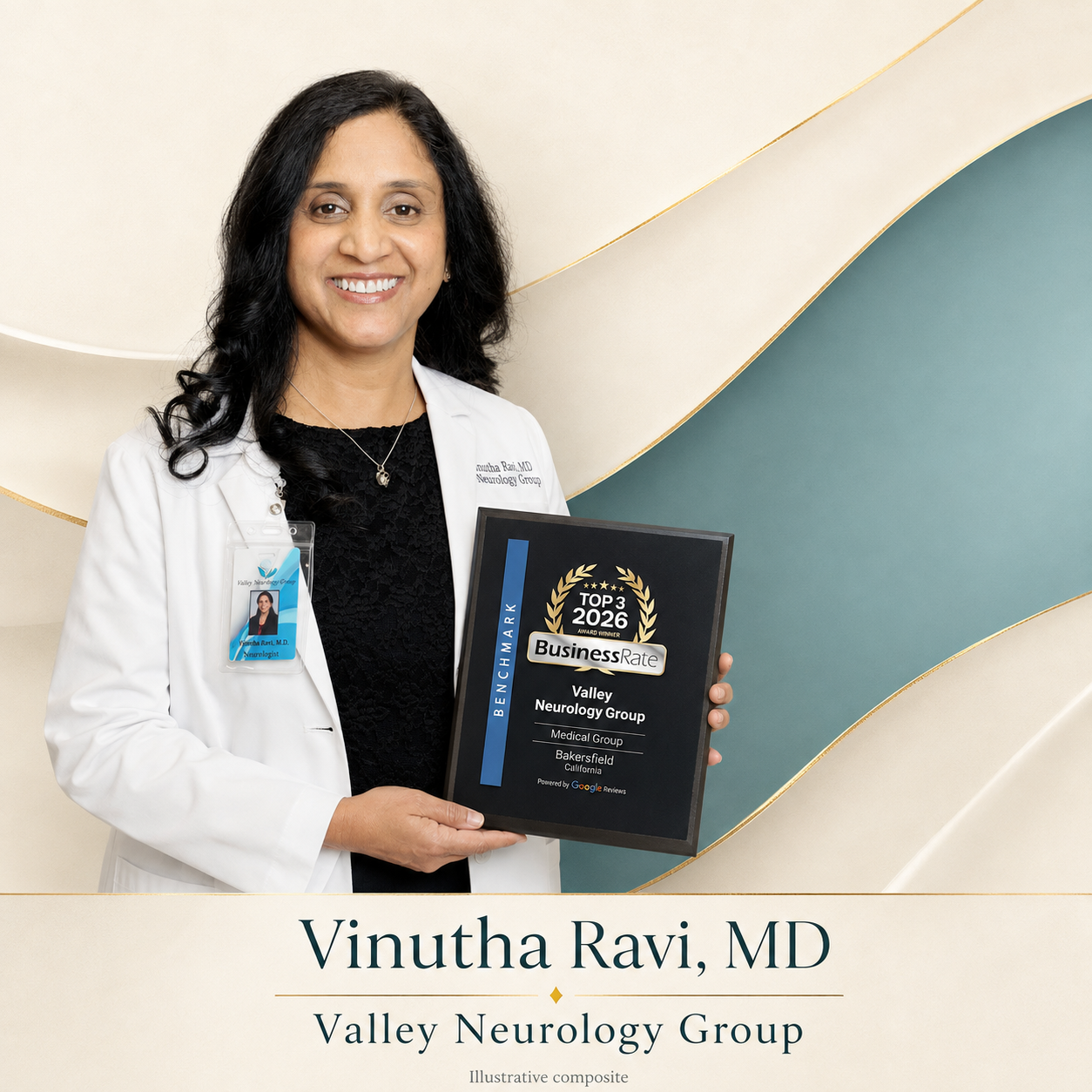 Illustrative portrait of Dr. Vinutha Ravi holding the practice recognition award